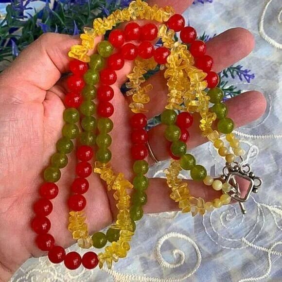 Vintage Peridot, Carnelian & Citrine Gemstone Necklace 850 Silver - Picture 11 of 11